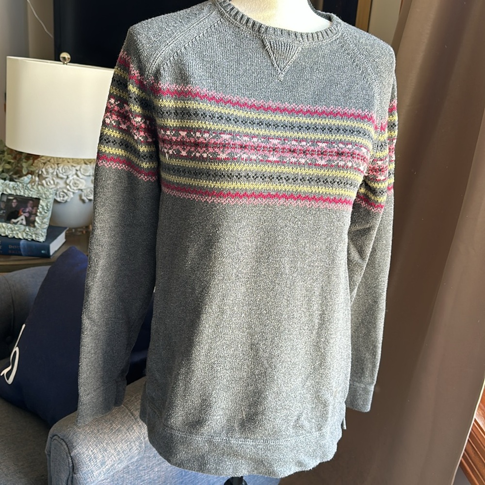 Eddie Bauer Gray Fair Isle Knit Cotton Crewneck Sweater Women's Medium Tall - Picture 3 of 6